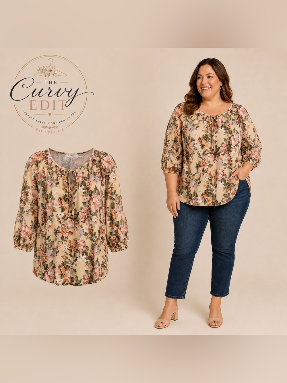 AB Studio Women’s 3X Floral Peasant Blouse | Boho Cottagecore Top | 3/4 Sleeve